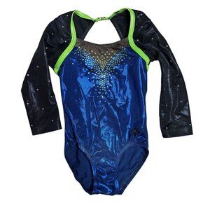GK Competition Leotard Size SM Child Medium Blue Black Lime Green 3/4 Sleeve